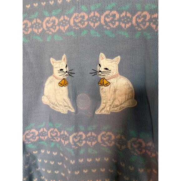 1980s Village Green Pastel Blue Kitty Cats Kawaii Kei Roses Hearts Sweater M - Picture 3 of 4
